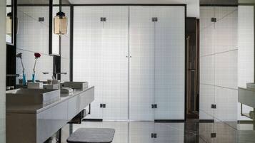 Bathroom features a large mirror, two sinks, a toilet, and a shower area.