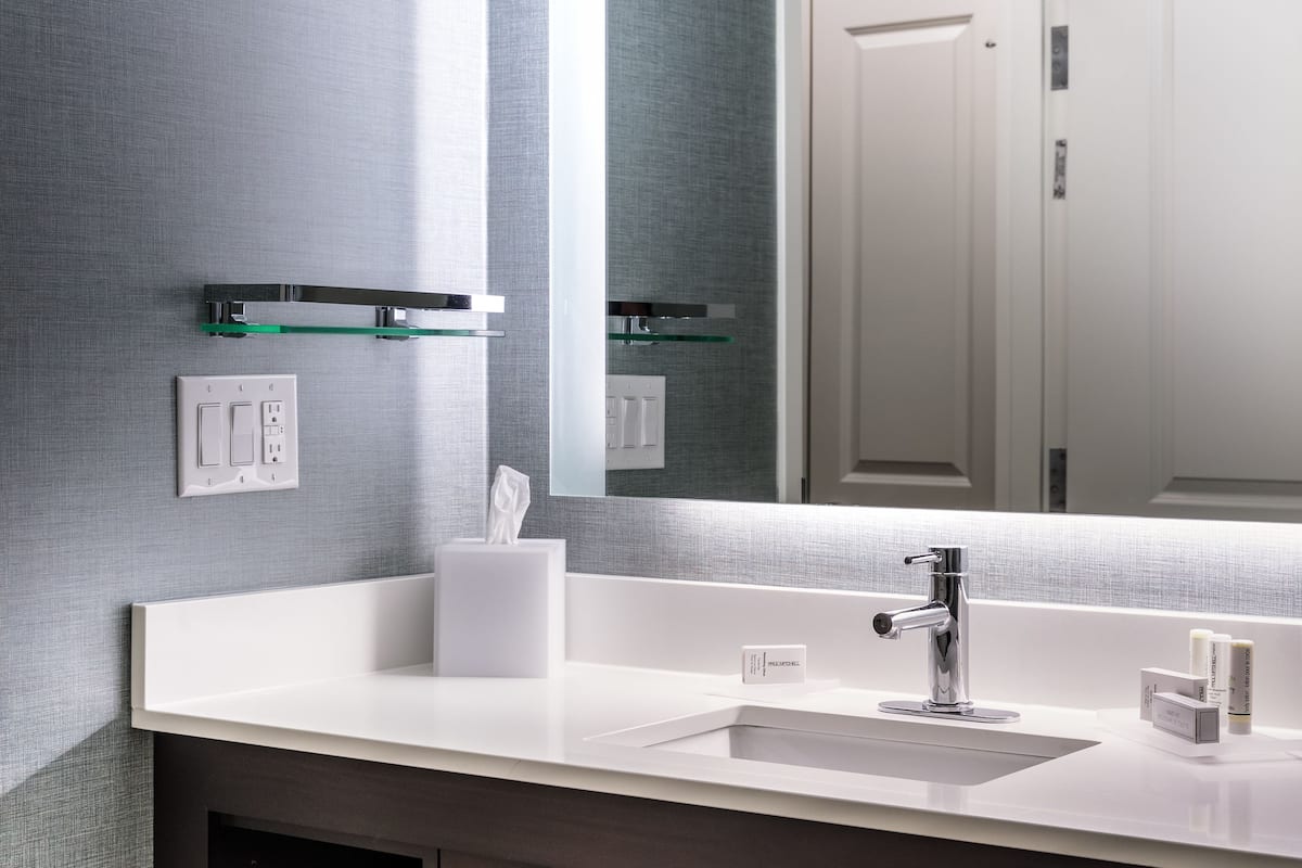 combined shower/bathtub, free toiletries, hair dryer, towels