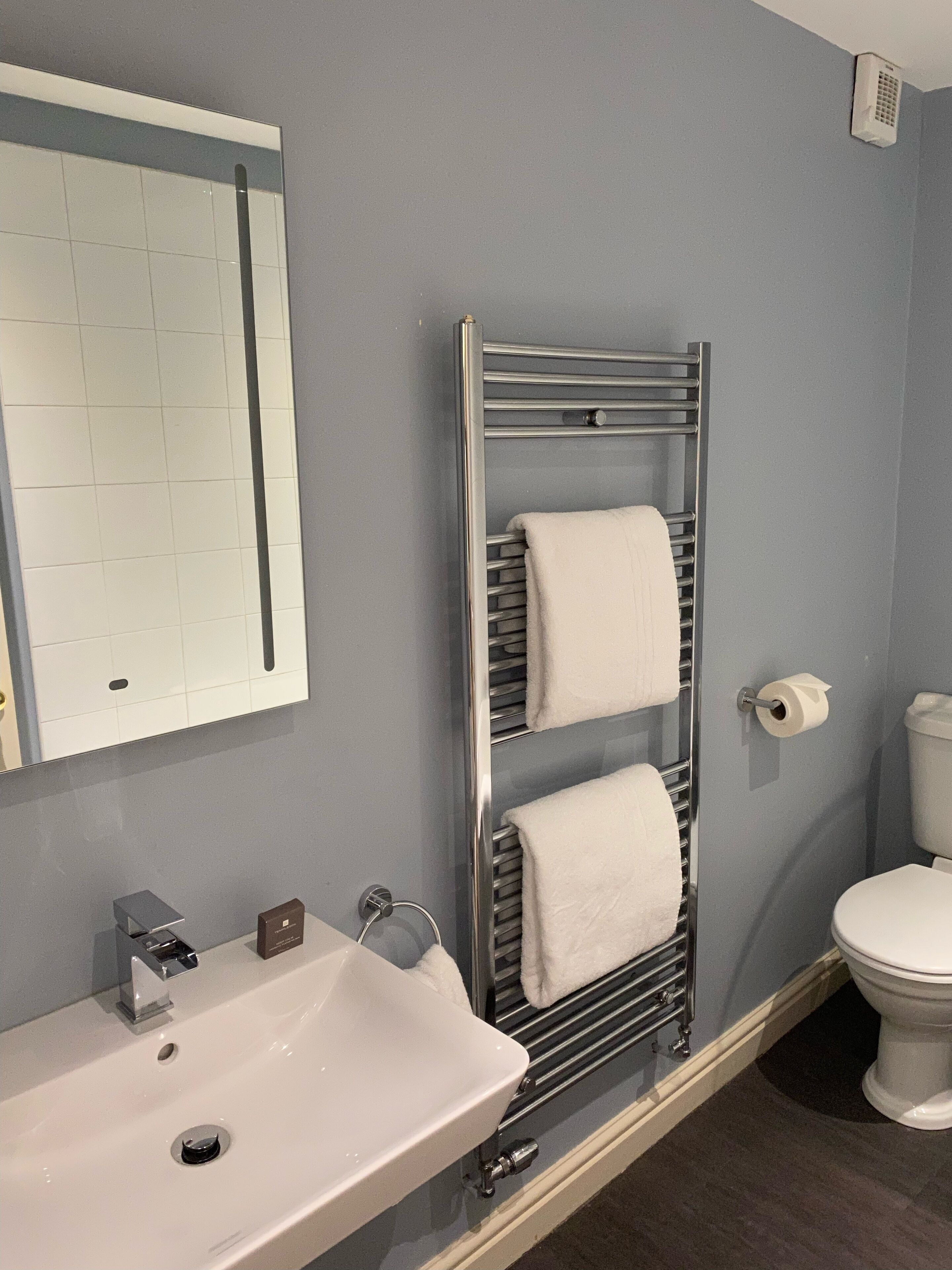 A bathroom with a white sink, a mirror, a towel rack with two towels, a toilet, and a roll of toilet paper.