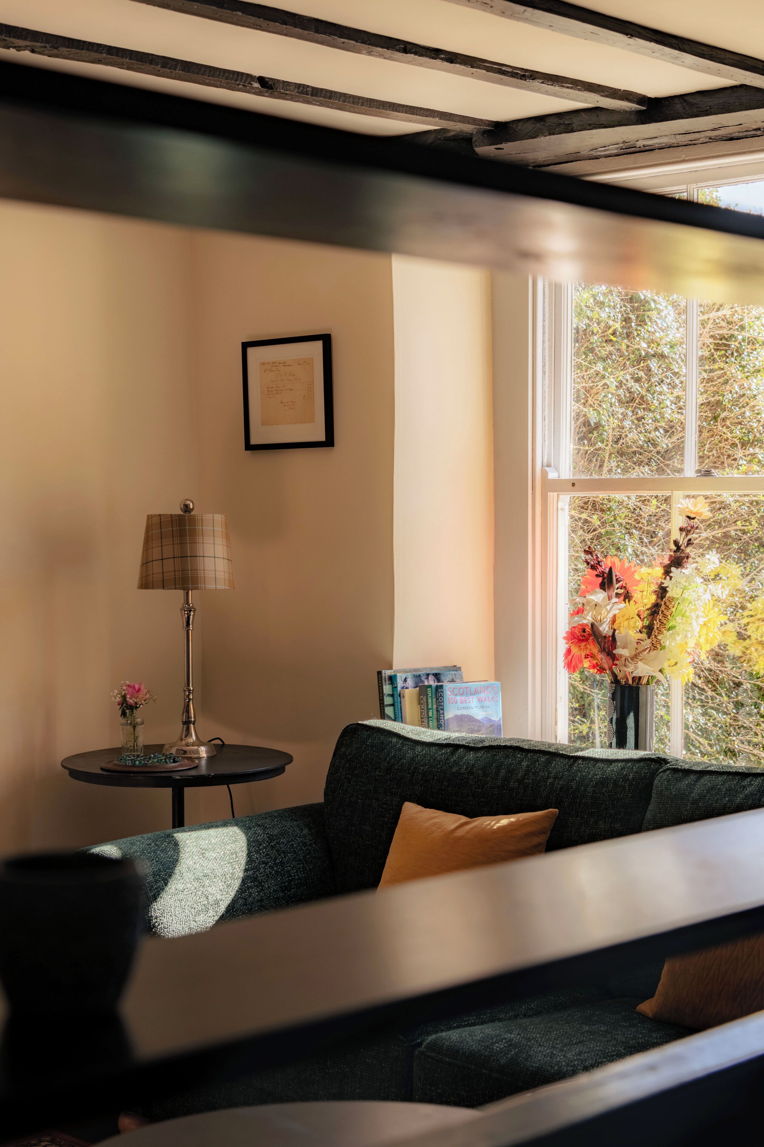 Una habitación acogedora con un sofá, una mesita de noche con una lámpara, un cuadro enmarcado y una ventana con vistas a árboles.