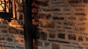 Una pared de piedra, un estufa de leña, una planta en maceta y dos vasos de líquido ámbar sobre una mesa.