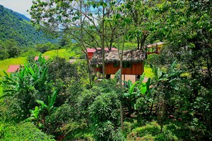 A thatched-roof hut surrounded by lush greenery and a mountainous backdrop. - Santval (Cumanda)