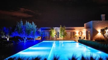 Outdoor pool, pool umbrellas, pool loungers