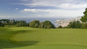 En golfbane med et flag i forgrunden, en kystby i baggrunden og en klar himmel.