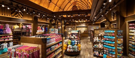 L’intérieur d’un magasin Disney, avec un plancher, un plafond et des étagères en bois.