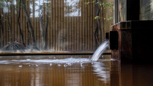 A wooden floor with a water feature and bamboo walls. - Hotel Sunroute Tokushima (Tokushima)