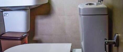 A bathroom with a toilet, a sink, and a mirror.