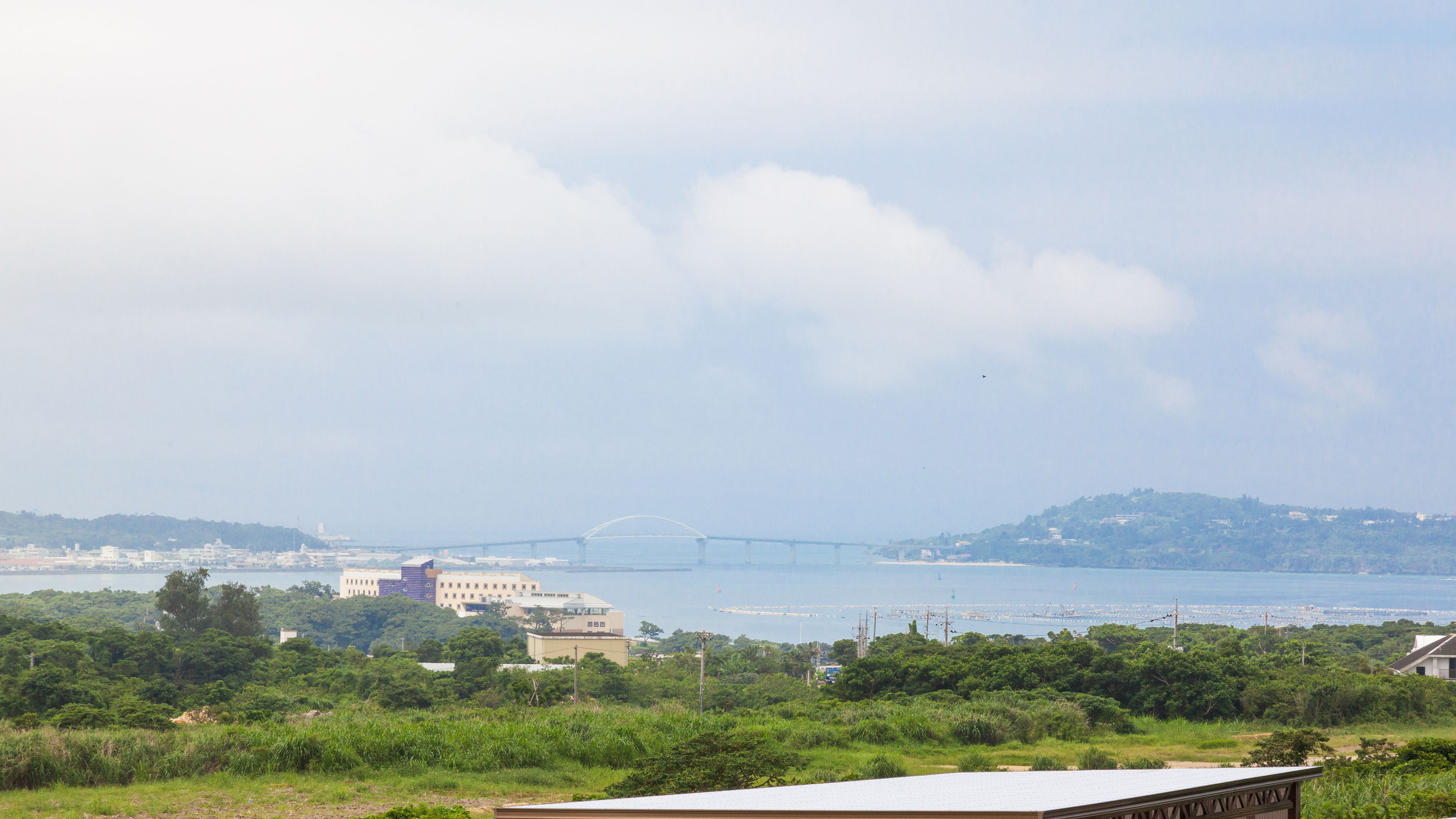 A coastal landscape with a bridge, greenery, and buildings in the distance.
