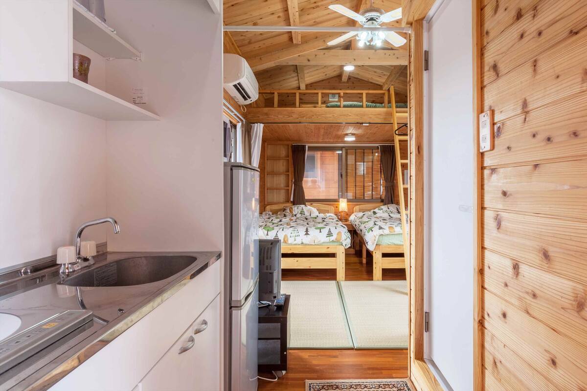 A compact hotel room with a kitchenette, two beds with green bedding, a ceiling fan, and wooden walls.