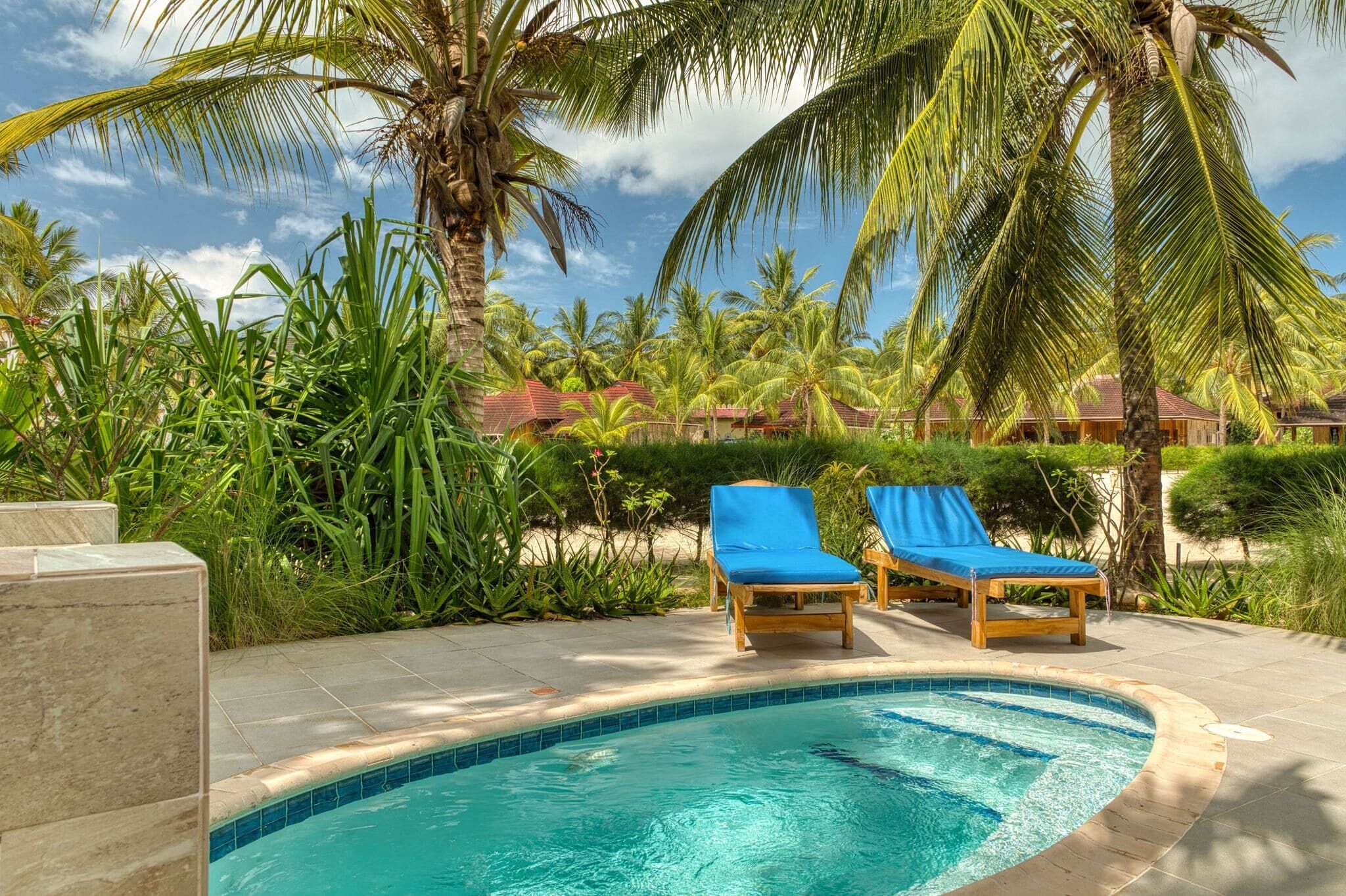 A swimming pool with lounge chairs, surrounded by palm trees and a clear sky.