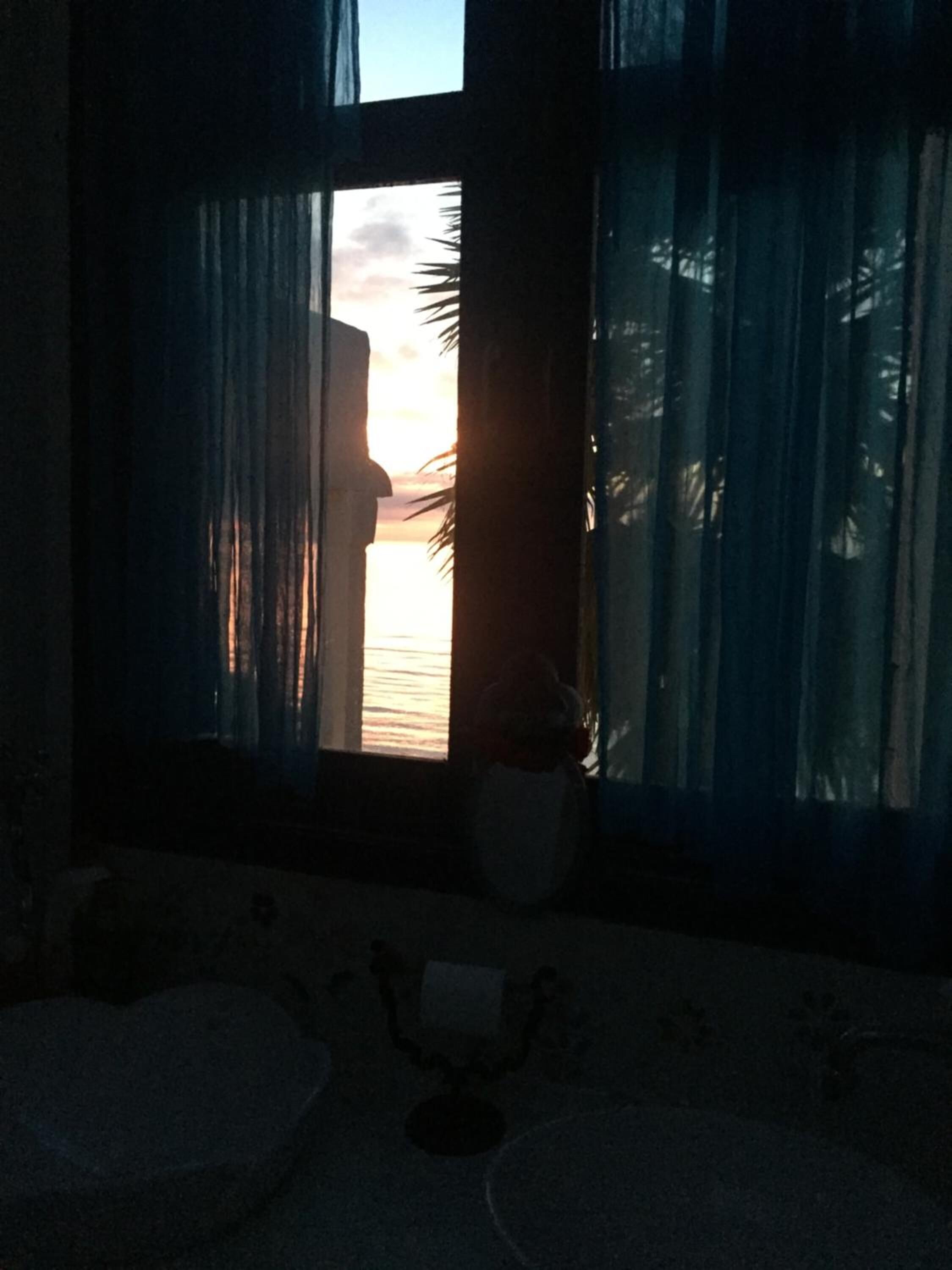 Een kamer met een groot raam, gordijnen en een potplant.