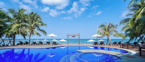 Outdoor pool, pool umbrellas, pool loungers