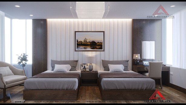 A modern hotel room with two beds, a desk, and a large window. - Van Giang Hotel (Ninh Binh)