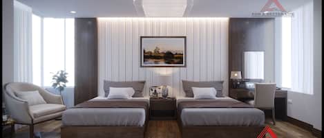 Egyptian cotton sheets, premium bedding, minibar, desk