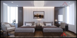A modern hotel room with two beds, a desk, and a large window. - Van Giang Hotel (Hoa Lu)