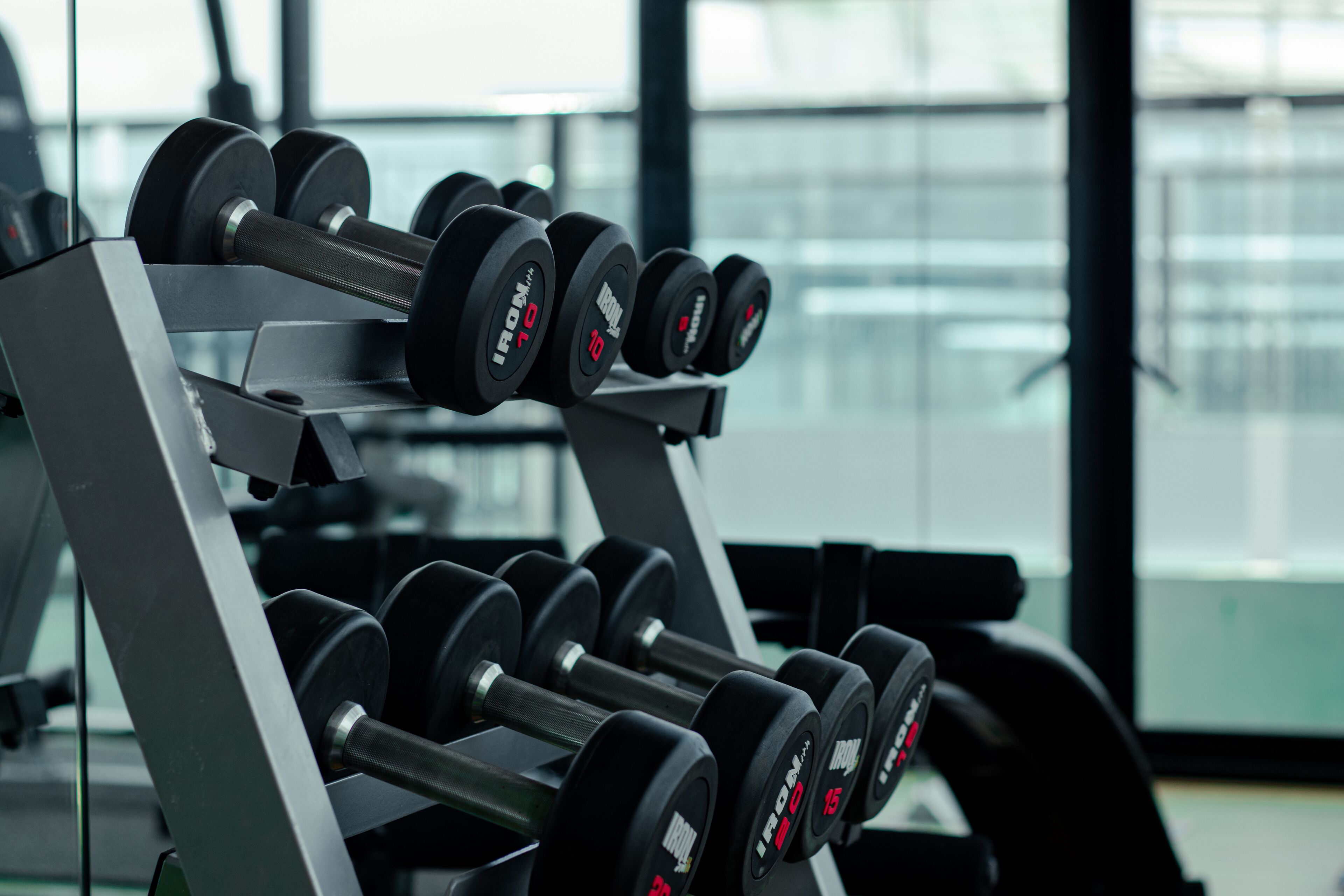 A set of dumbbells on a rack in a gym with large windows in the background.
