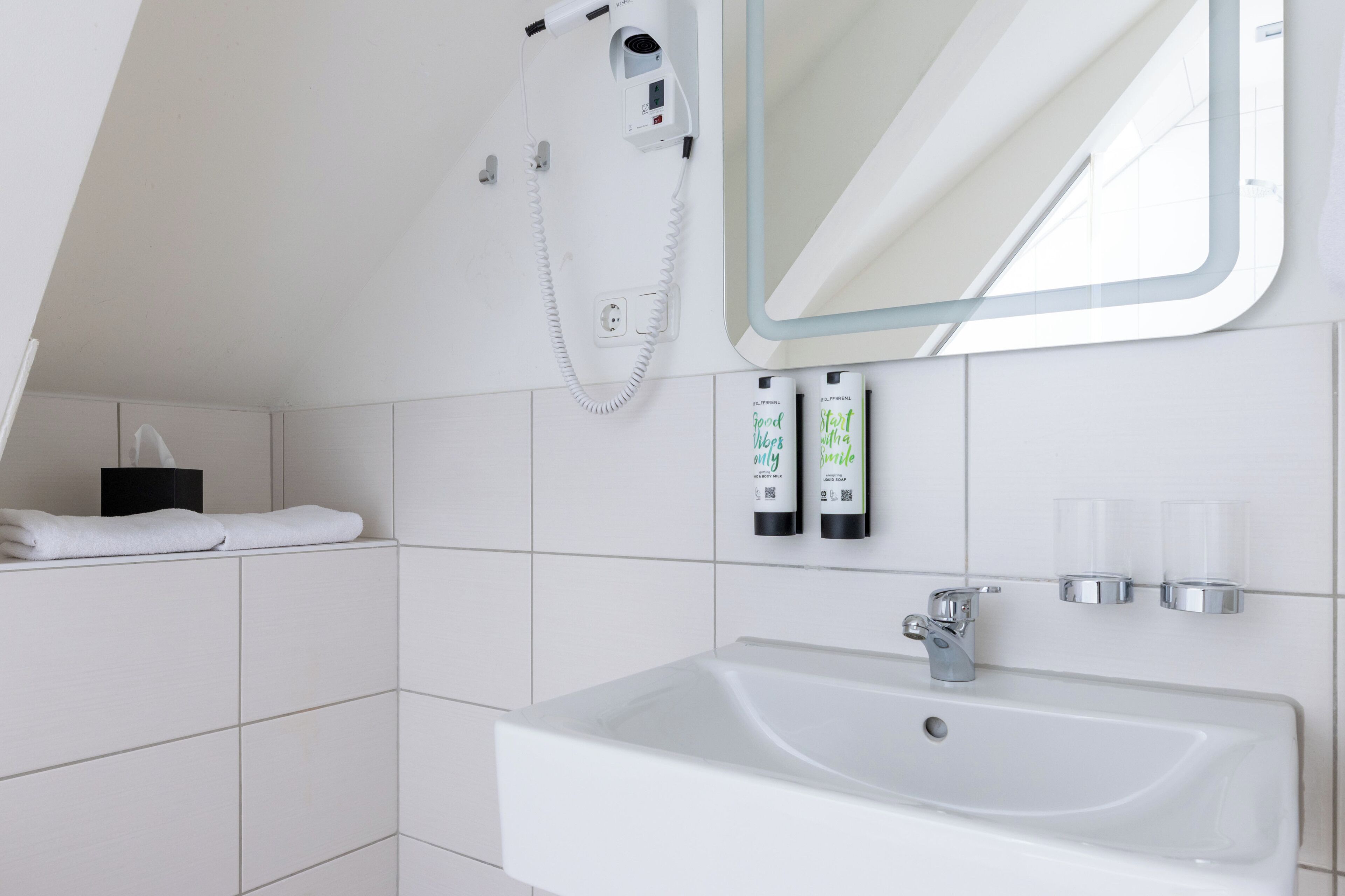 A modern bathroom with a white sink, a handheld showerhead, and toiletries on the wall.