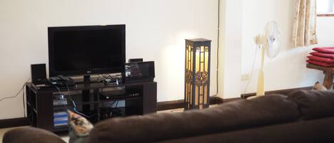 Una sala de estar con televisor de pantalla plana, equipo de sonido, lámpara de pie decorativa y sofá.