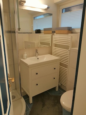 Ein Badezimmer mit einer Duschkabine aus Glas, einem weißen Waschbecken mit Spiegel darüber, einem Handtuchhalter und einer Toilette.