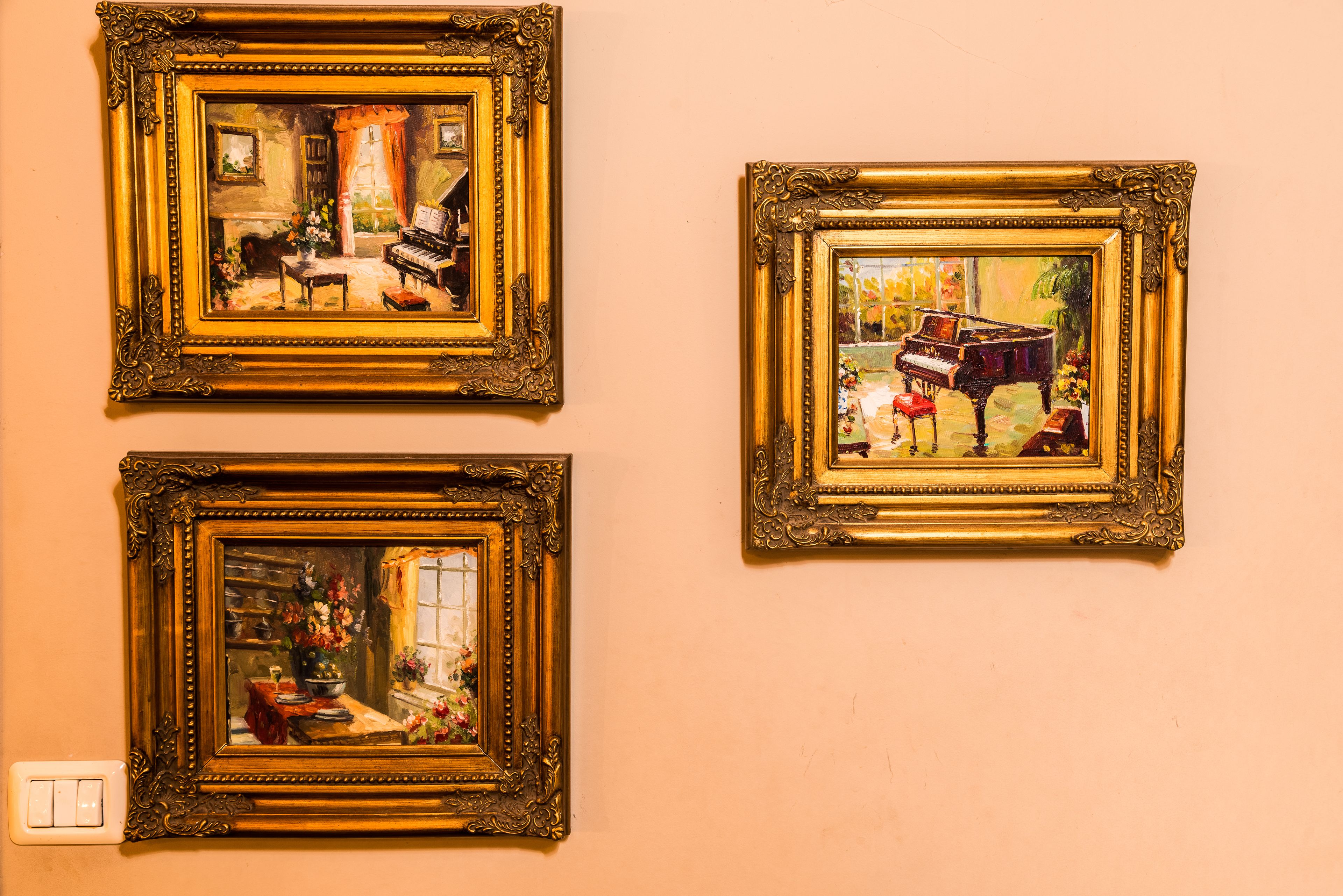 Drie schilderijen in lijsten aan een muur.