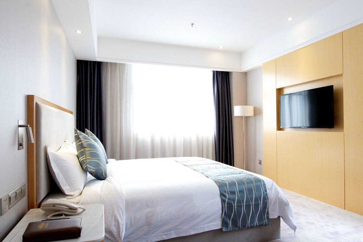 Habitación de hotel con una cama, un televisor de pantalla plana montado en la pared, una mesita de noche con lámpara y una ventana con cortinas.