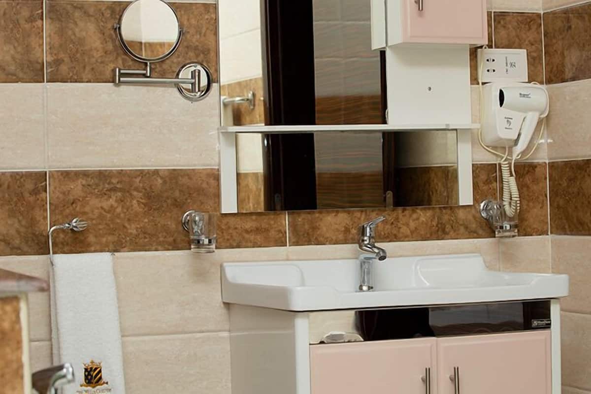 A bathroom with a sink, mirror, and hairdryer.