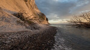 Paisatge costaner amb platja rocosa, penya-segades i cel serè.