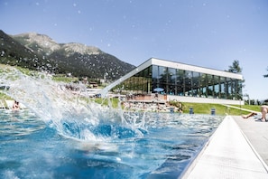 Indoor pool, outdoor pool, pool loungers