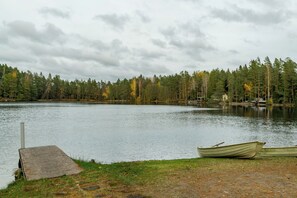 Un lac paisible, avec un quai et un bateau à rames, entouré d’une forêt dense et sous un ciel nuageux.