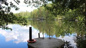 A wooden dock extending into a calm lake surrounded by dense trees.