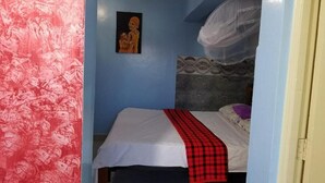 A bedroom with a bed, a wall-mounted mosquito net, and a framed picture on the wall.