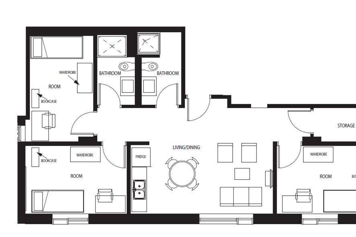 A floor plan of a hotel with two bedrooms, two bathrooms, a living/dining area, a kitchen, a fridge, and a storage area.