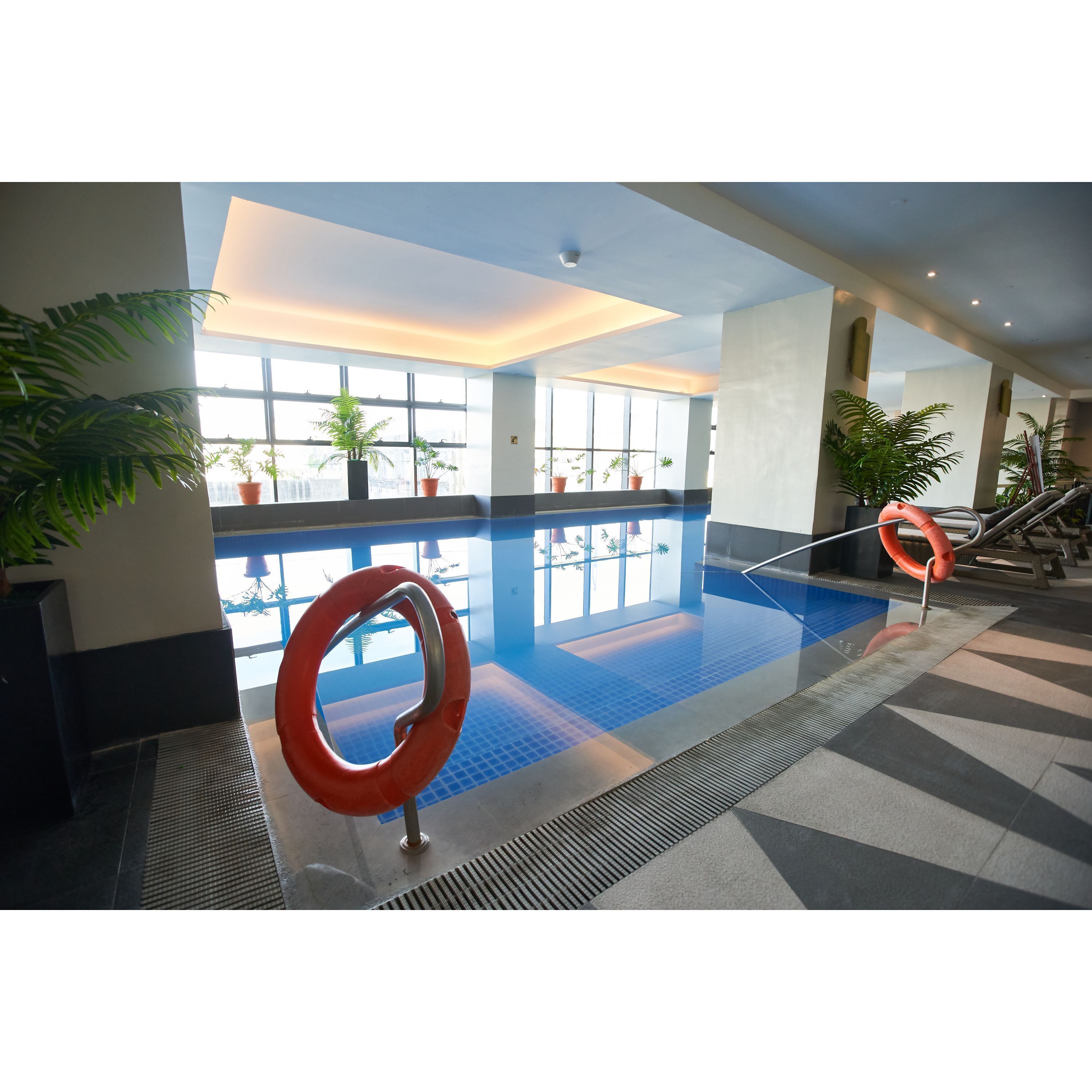 An indoor swimming pool with clear blue water, surrounded by potted plants and a lifebuoy.