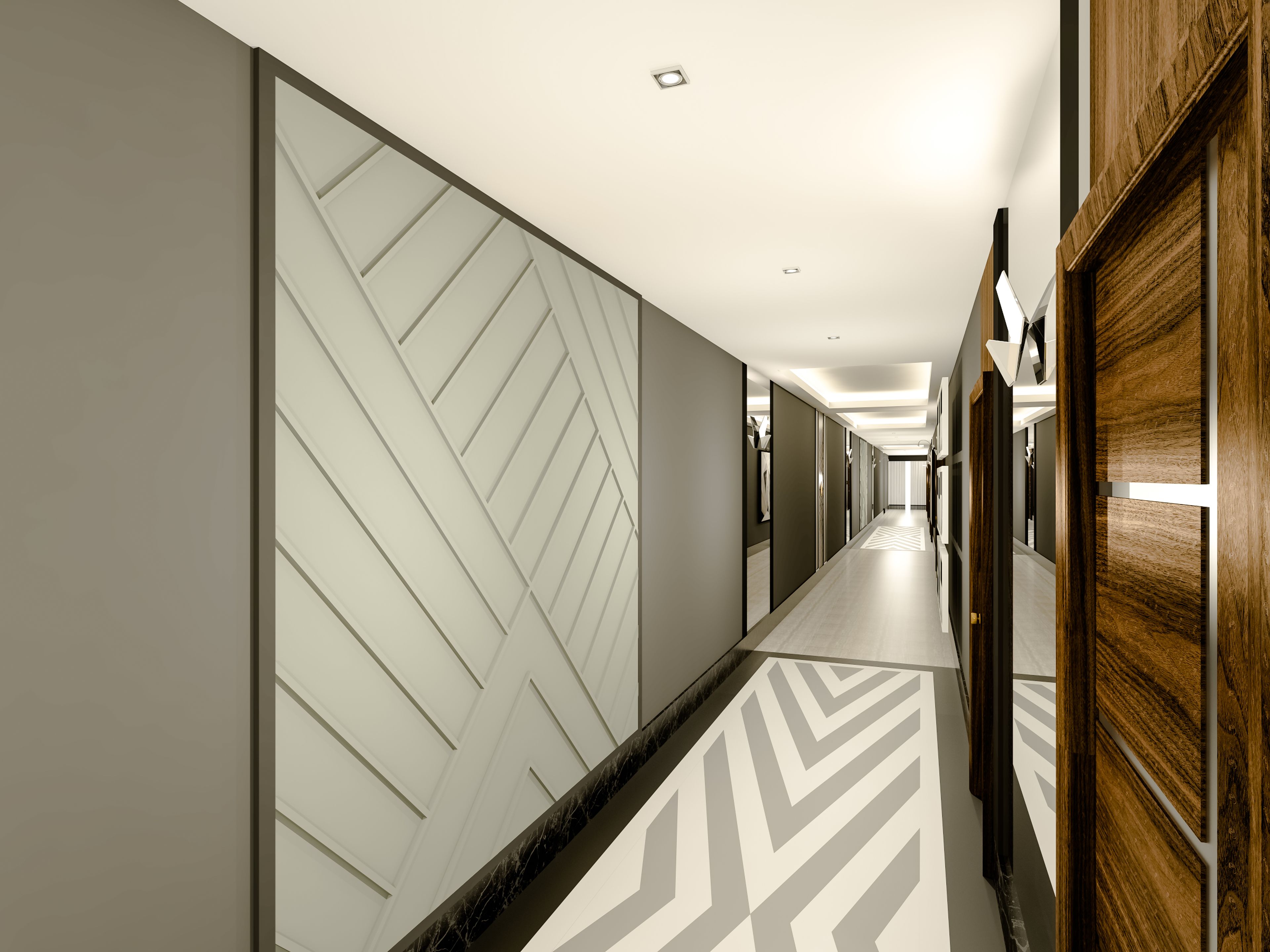 A modern hallway with a geometric patterned wall, a wooden panel wall, and a chevron-patterned floor.