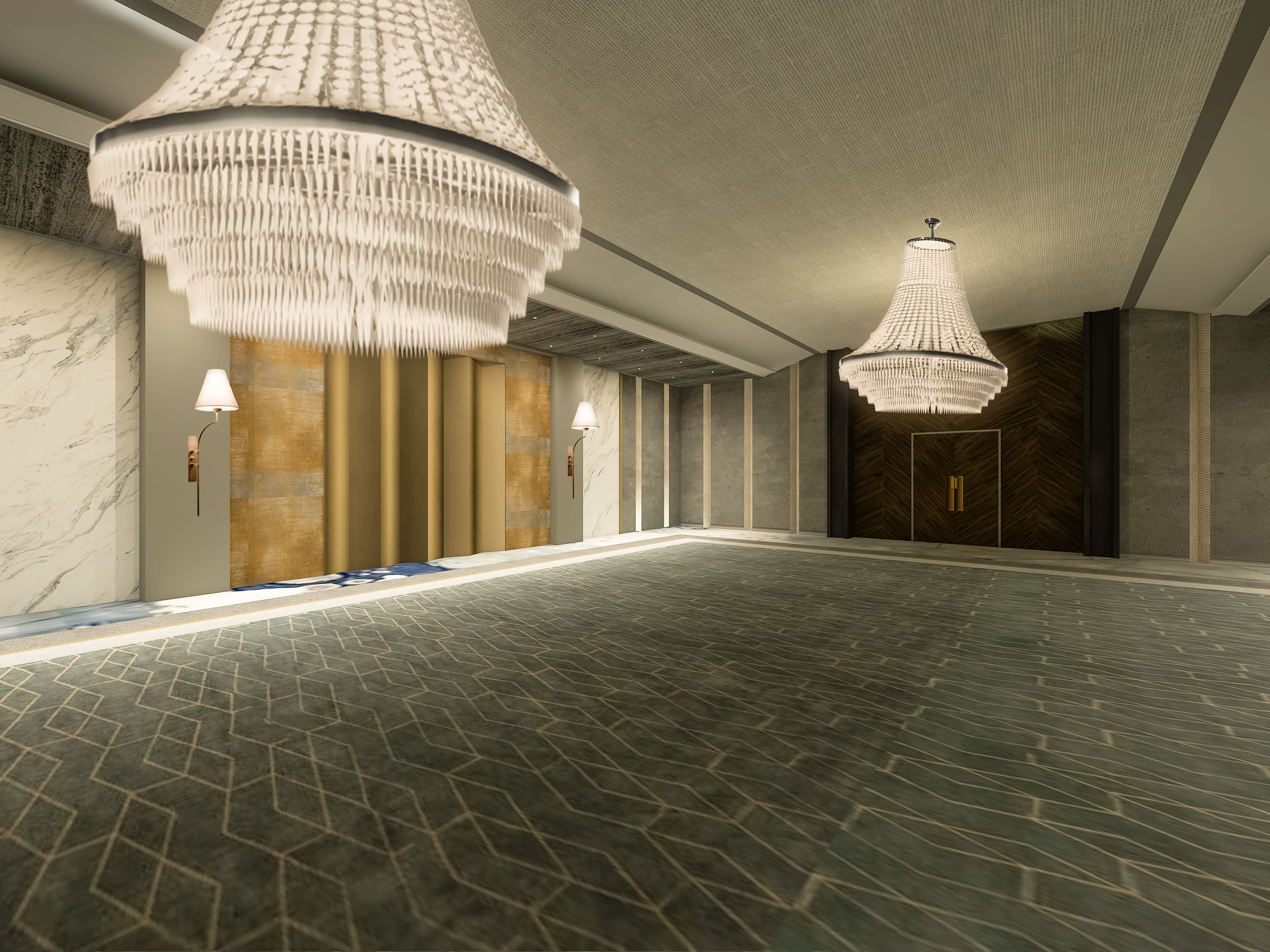 A spacious lobby with a patterned floor, large chandeliers, and a marble wall.