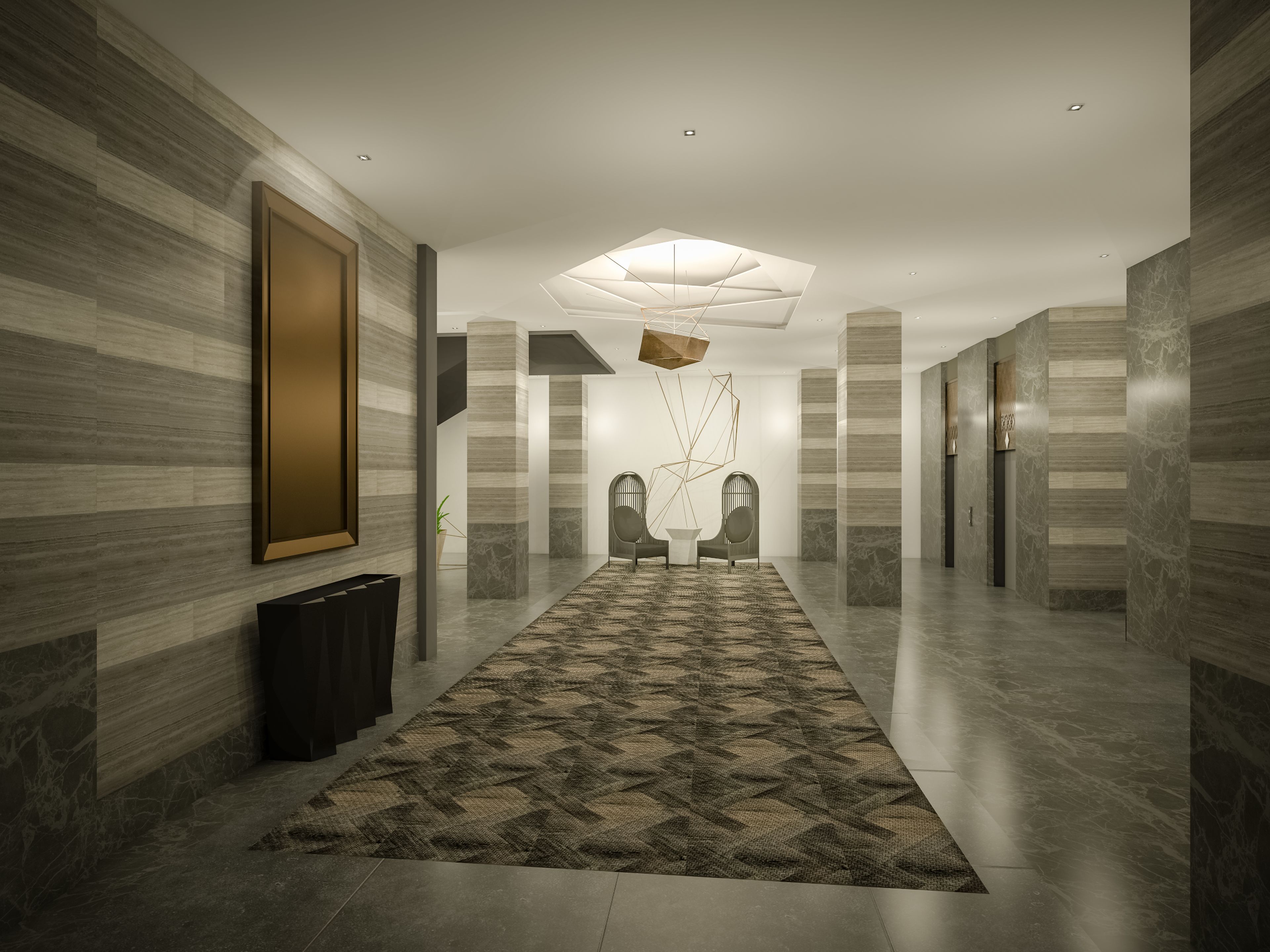 A modern hallway with a patterned carpet, marble walls, and a geometric light fixture.