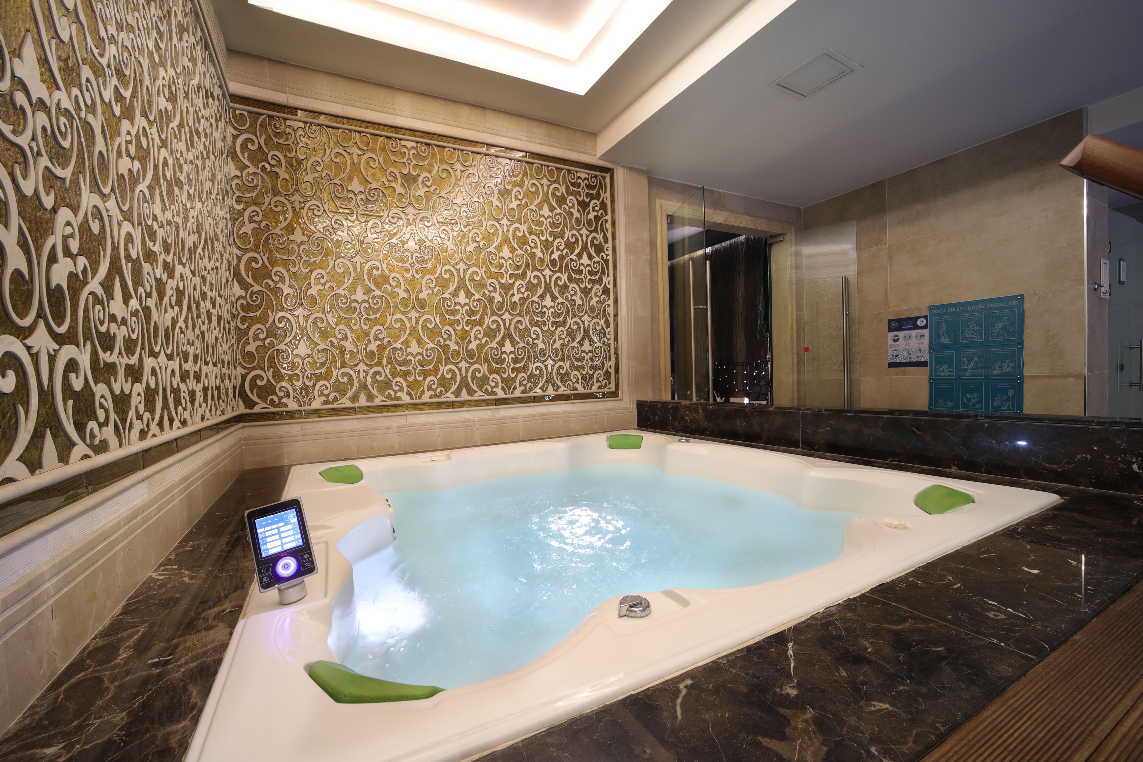 Un área de spa con un jacuzzi grande, un panel de control y una pared decorativa.