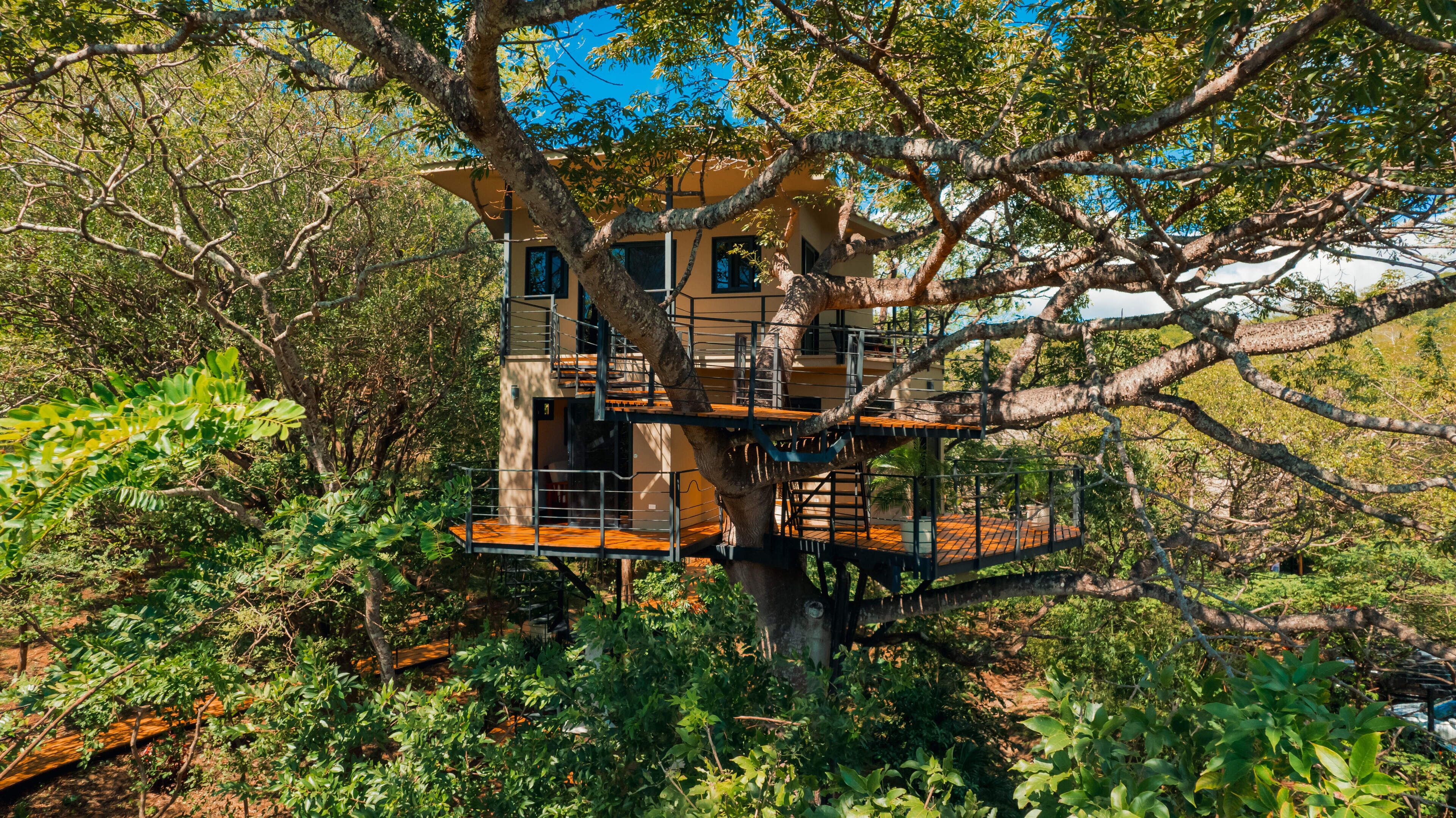 A treehouse with multiple levels, built around a large tree, featuring outdoor wooden decks and a metal staircase.