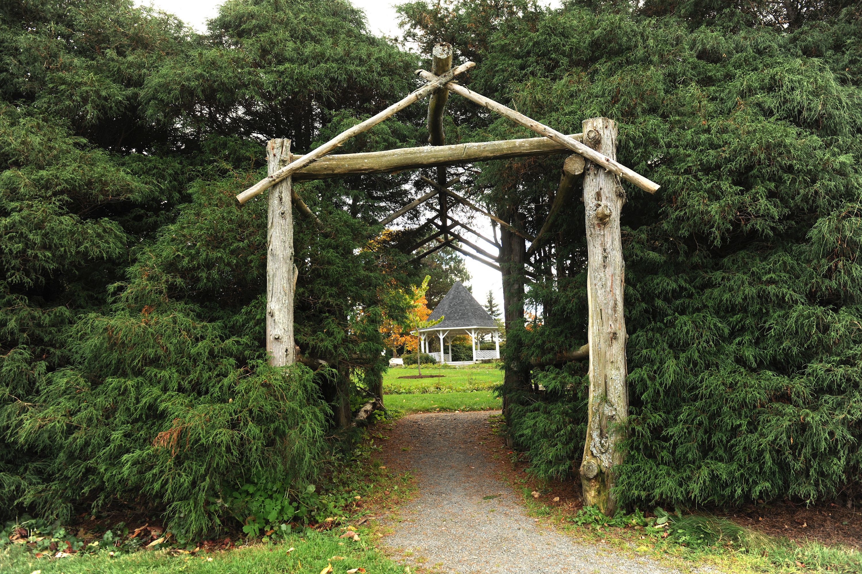 A wooden archway leading to a gazebo in a forested area.