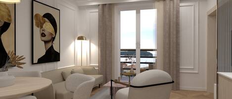 A modern living room with a sofa, armchairs, a dining table, and a large window with curtains.
