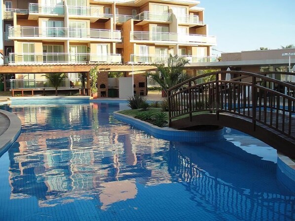 Outdoor pool, pool umbrellas
