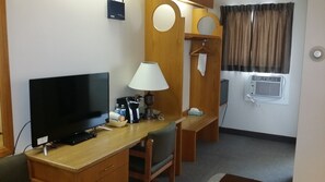 Desk, blackout drapes, soundproofing, iron/ironing board