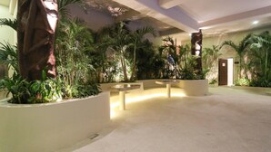 A spacious indoor area with planters and a large tree trunk. - Palmares by Playa Moments (Playa del Carmen)