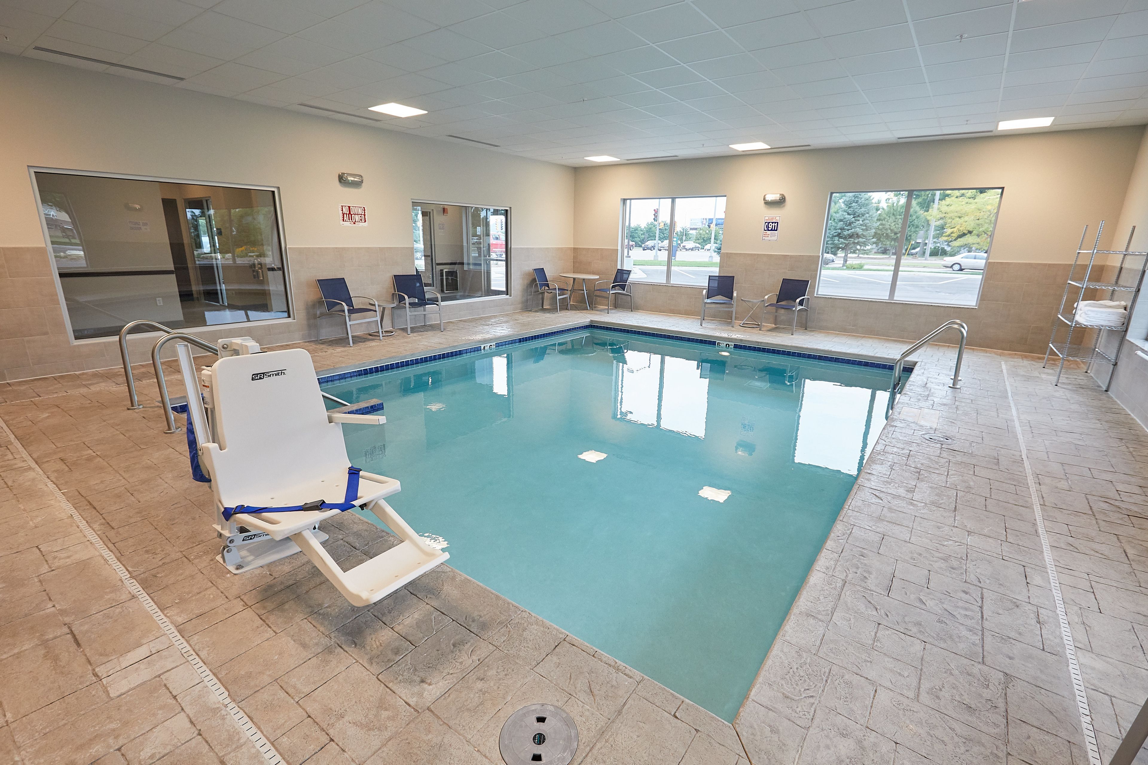 indoor pool, pool loungers