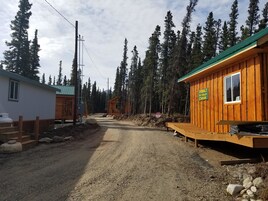 Una cabaña rústica con techo verde y un letrero que indica que pertenece a Denali Trail-Valley Cabins.