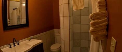 Un baño con lavamanos, inodoro y ducha.