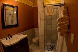 Shower, free toiletries, hair dryer, towels