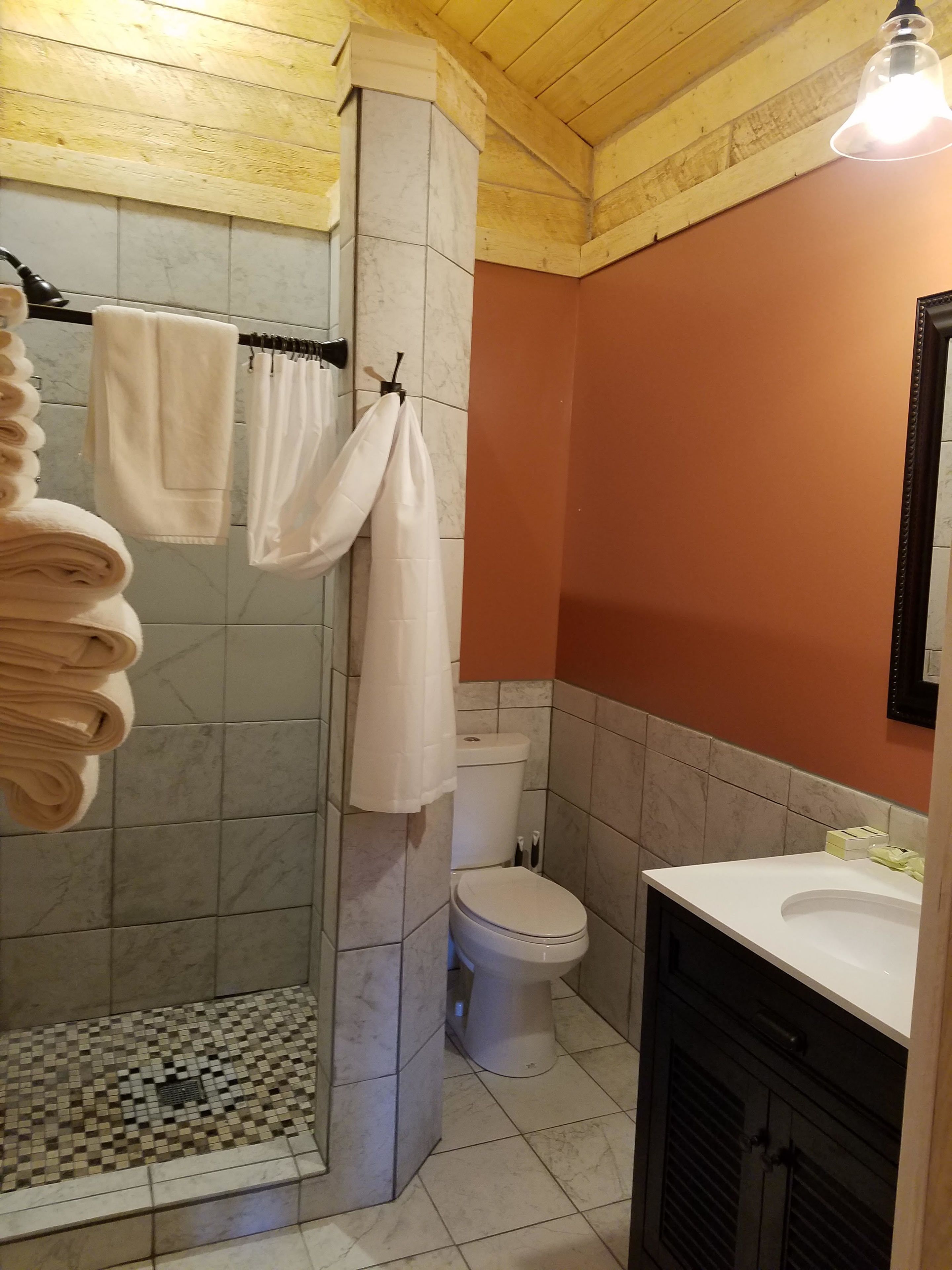 Un baño con ducha, inodoro y lavamanos.