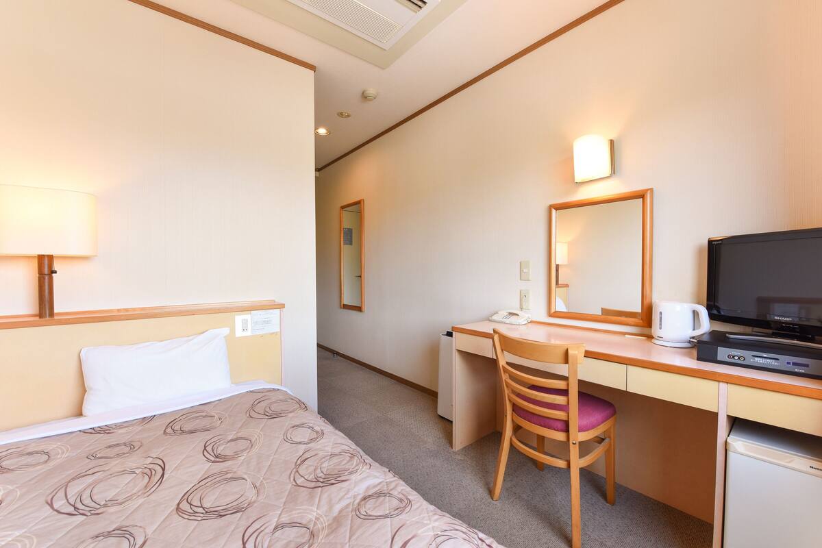 A hotel room with a bed, desk, chair, television, and a mirror.