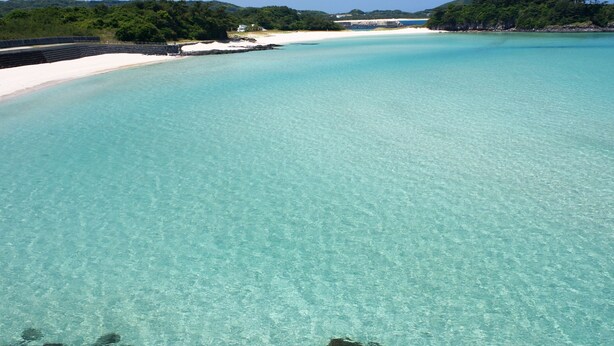 Una playa con agua turquesa cristalina, arena blanca y una colina boscosa al fondo.